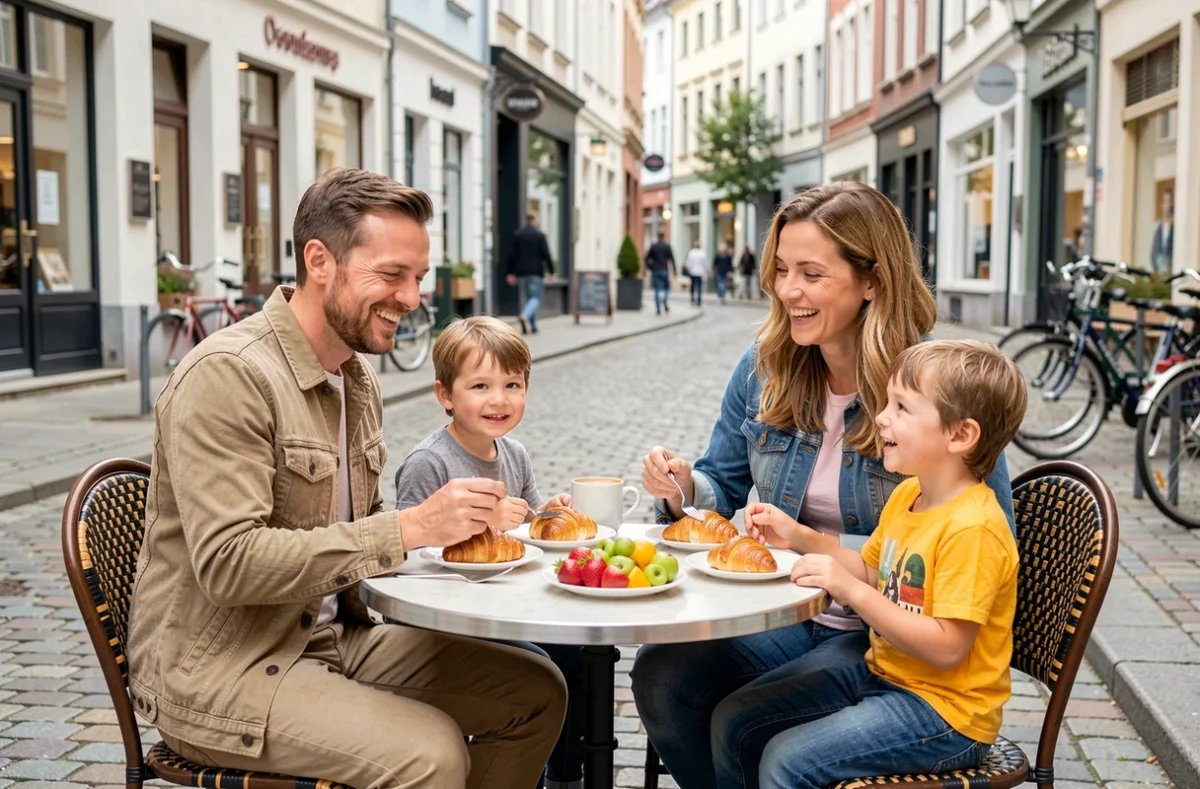 Famille heureuse partageant un moment de détente dans une rue piétonne européenne propre et sécurisée, illustrant le bien-être des enfants et la qualité de vie dans les meilleurs pays du monde