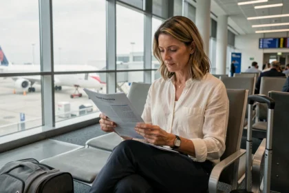 Femme lisant un document d'assurance voyage dans un aéroport avant son départ