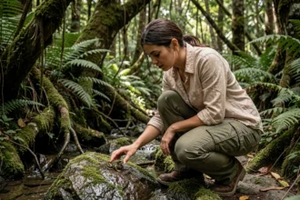 Femme observant une grenouille dans une forêt tropicale lors d'une activité d'écotourisme