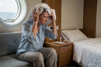 Femme malade dans une cabine de croisière appuyant une serviette humide sur son front, entourée de médicaments et d'un verre d'eau