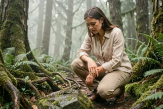 Femme observant un lézard dans une forêt tropicale lors d'une activité d'écotourisme