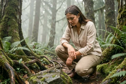 Femme observant un lézard dans une forêt tropicale lors d'une activité d'écotourisme