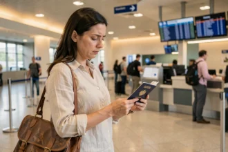 Femme examinant son passeport à un comptoir d'enregistrement d'aéroport avant un voyage à Cuba