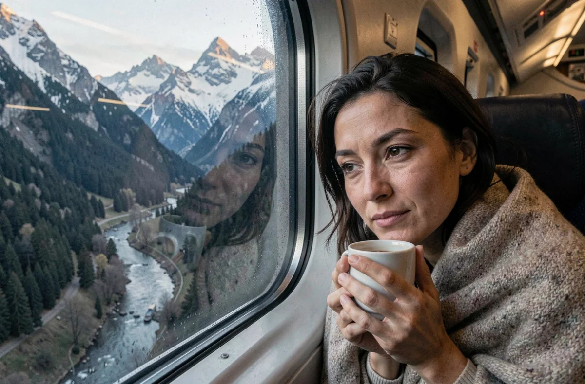 Passagère contemplant le paysage alpin au lever du jour depuis la fenêtre d'un train de nuit Paris Venise