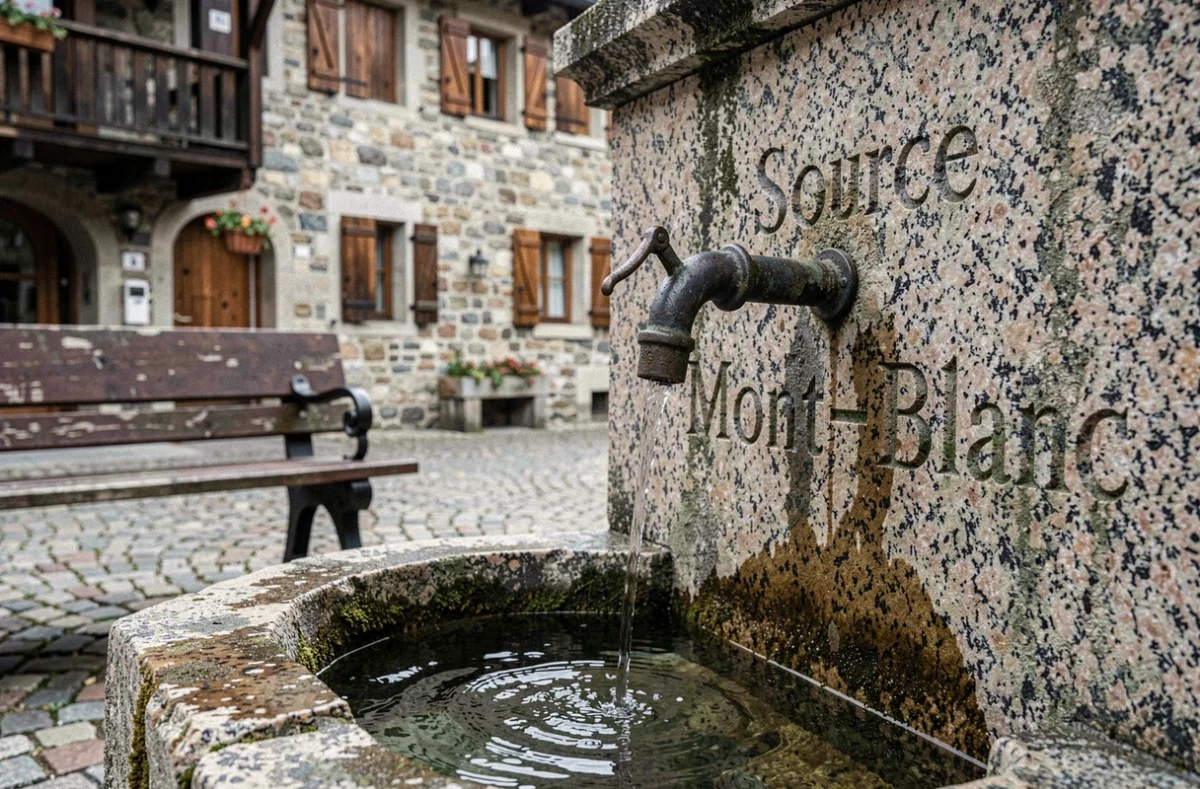 Fontaine en pierre gravée Source Mont-Blanc dans un village alpin avec eau courante et architecture traditionnelle