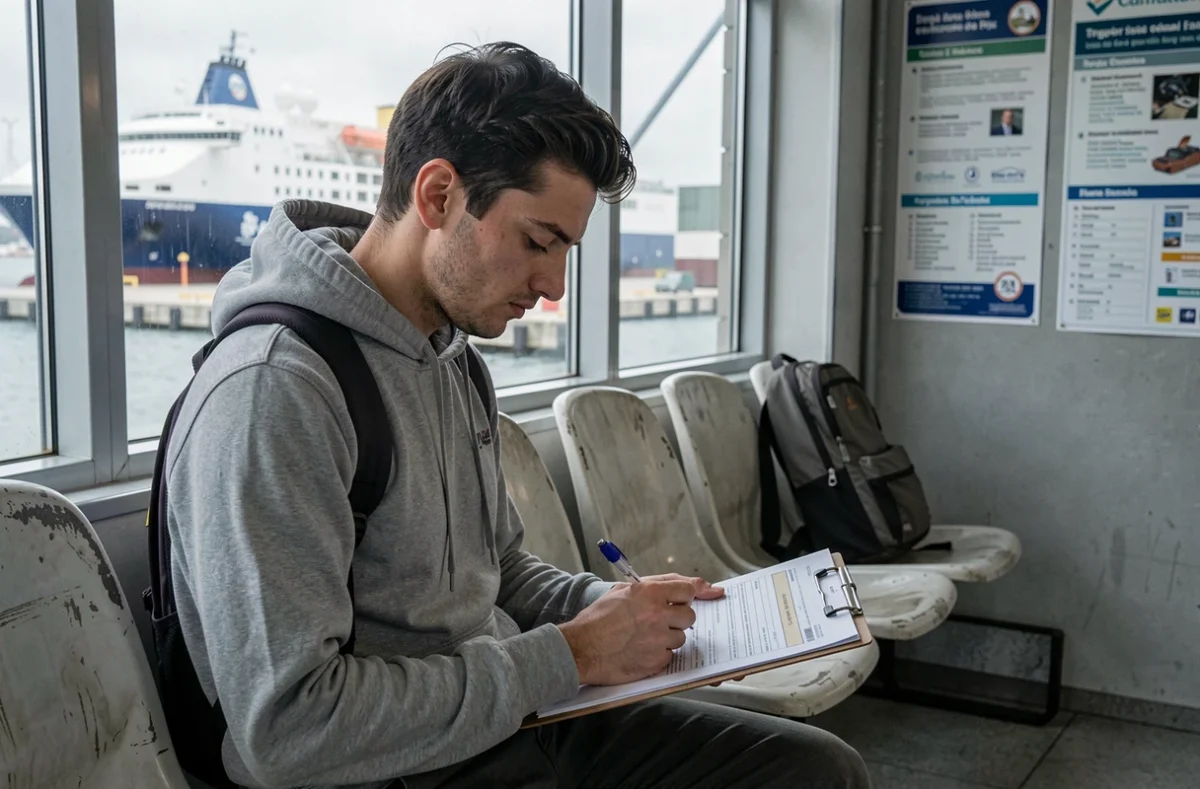 Voyageur remplissant un formulaire d'entrée dans un terminal de ferry en Espagne