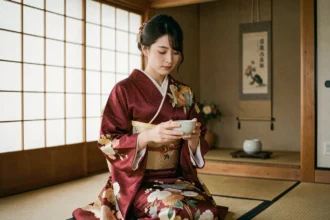 Geisha en kimono traditionnel rouge et or réalisant une cérémonie du thé dans une maison de thé japonaise authentique