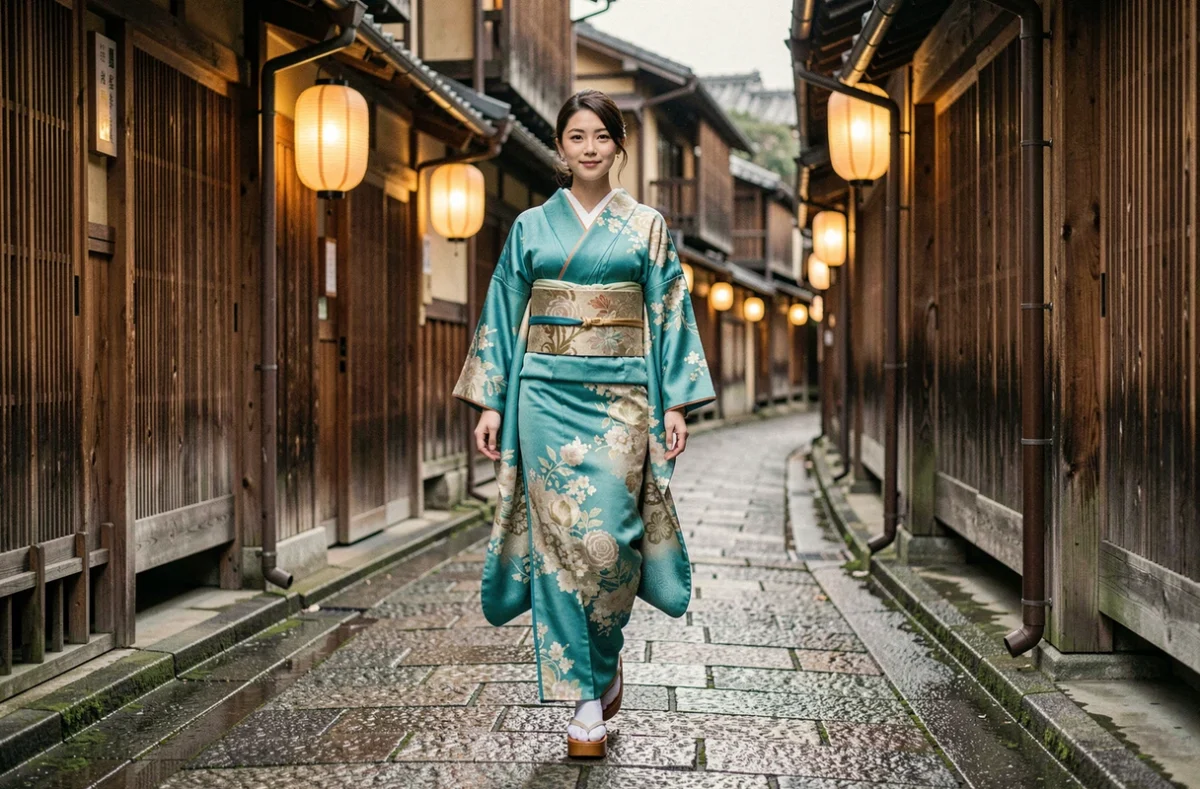 Geisha marchant dans une ruelle pavée du quartier de Gion à Kyoto au crépuscule