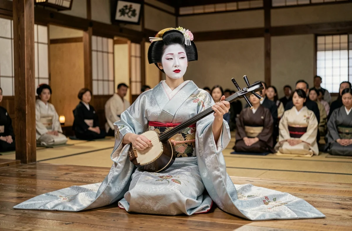 Geisha en maquillage traditionnel jouant du shamisen sur scène dans une maison de thé à Kyoto