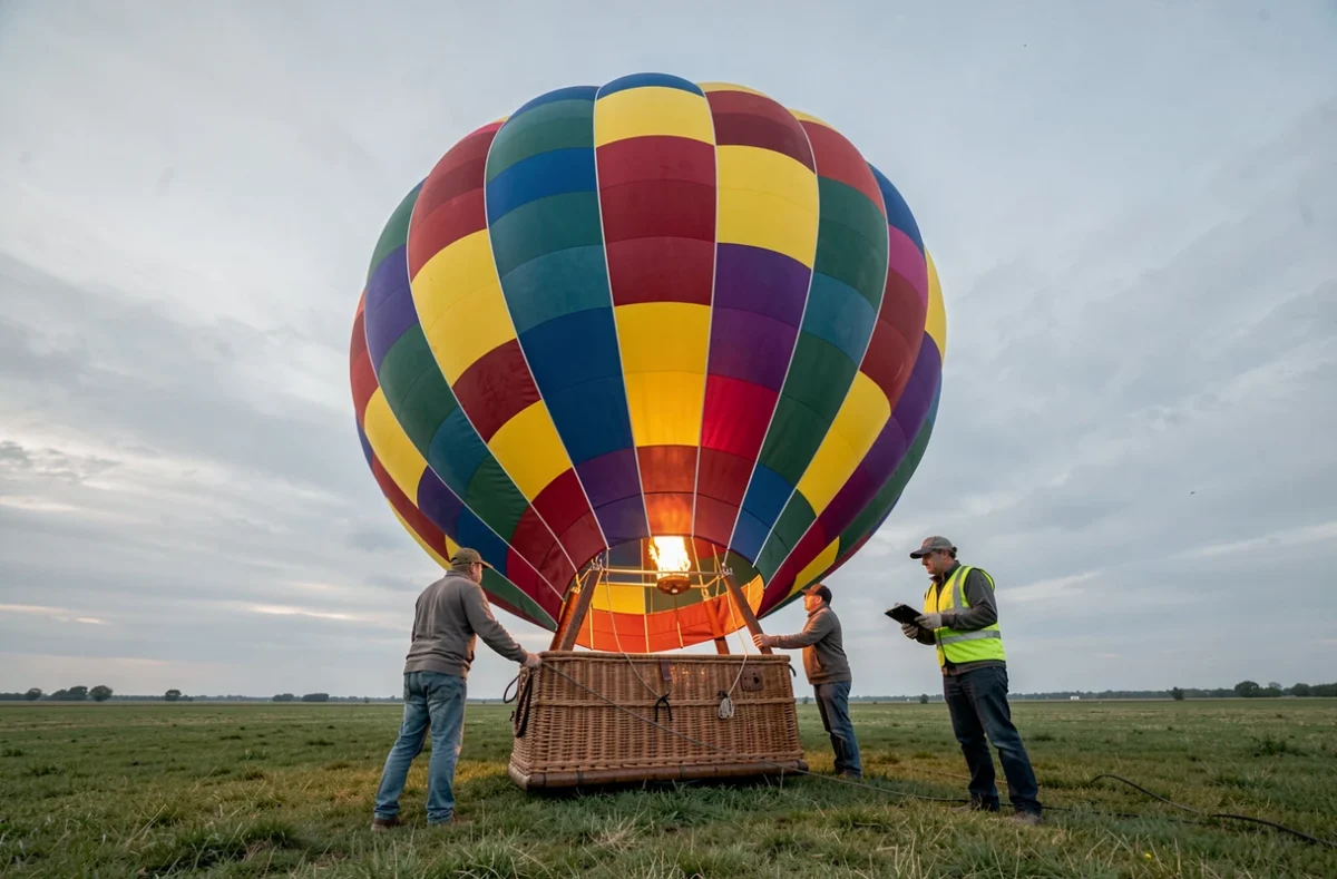 Gonflage d'une montgolfière sur un terrain herbeux avec l'équipe au sol lors d'une préparation au vol