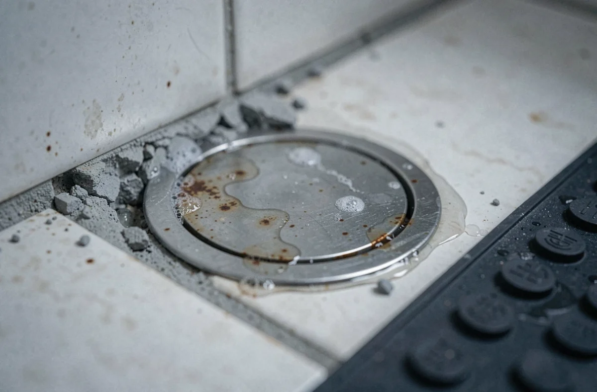 Gros plan sur le siphon d'une douche d'auberge avec traces de rouille, calcaire et tapis de douche antidérapant