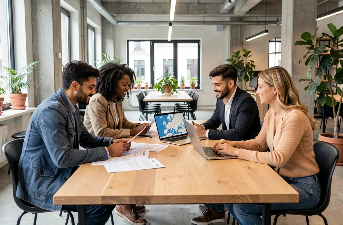 Groupe multiculturel d'immigrants étudiant des documents d'immigration dans un espace de travail moderne en Europe