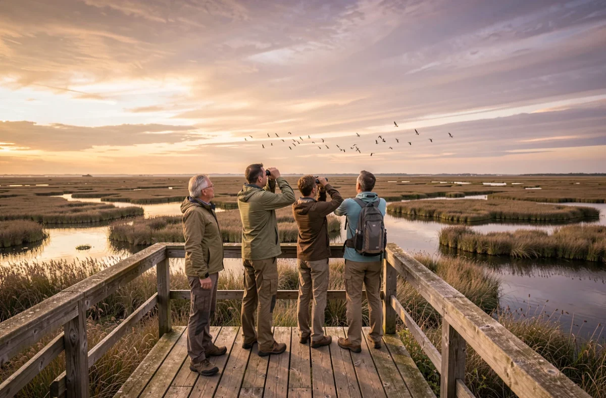 Groupe de randonneurs observant des oiseaux migrateurs dans une réserve naturelle humide