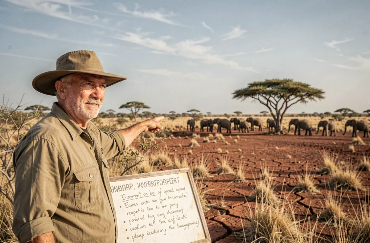 Guide écotouristique présentant un troupeau d'éléphants dans une savane africaine
