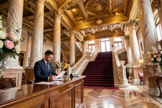 Hall majestueux d'un hôtel de luxe cinq étoiles avec colonnes en marbre, escalier en colimaçon et réception dorée
