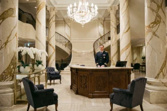 Hall d'entrée luxueux d'un grand hôtel 5 étoiles avec colonnes en marbre, lustre en cristal et concierge en uniforme marine