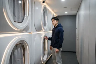 Couloir d'un hôtel capsule japonais avec des caméras de sécurité visibles au plafond et un client examinant son pod