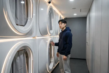 Couloir d'un hôtel capsule japonais avec des caméras de sécurité visibles au plafond et un client examinant son pod
