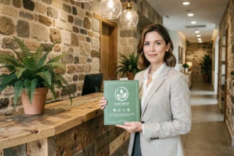 Responsable d'hôtel tenant un panneau de certification écologique dans un lobby en bois recyclé et pierres naturelles