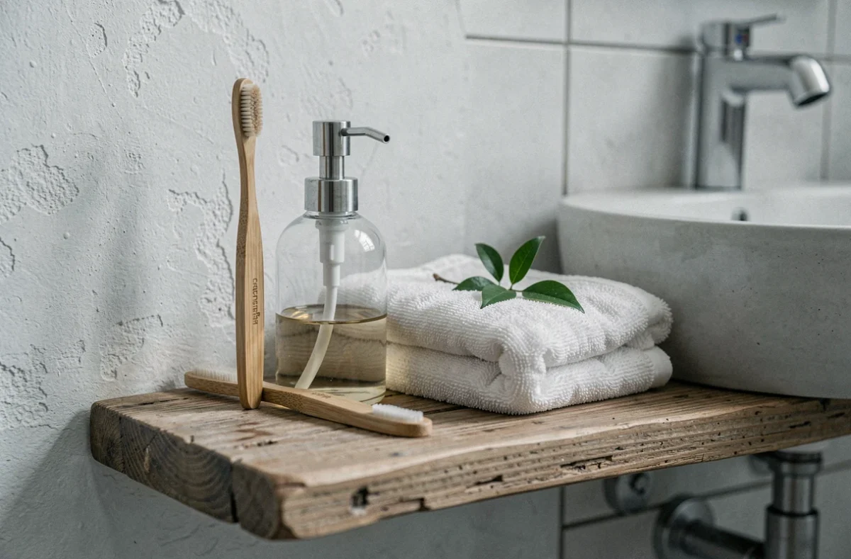 Produits écologiques dans une salle de bain d'hôtel certifié éco-responsable avec accessoires durables en bambou et coton bio