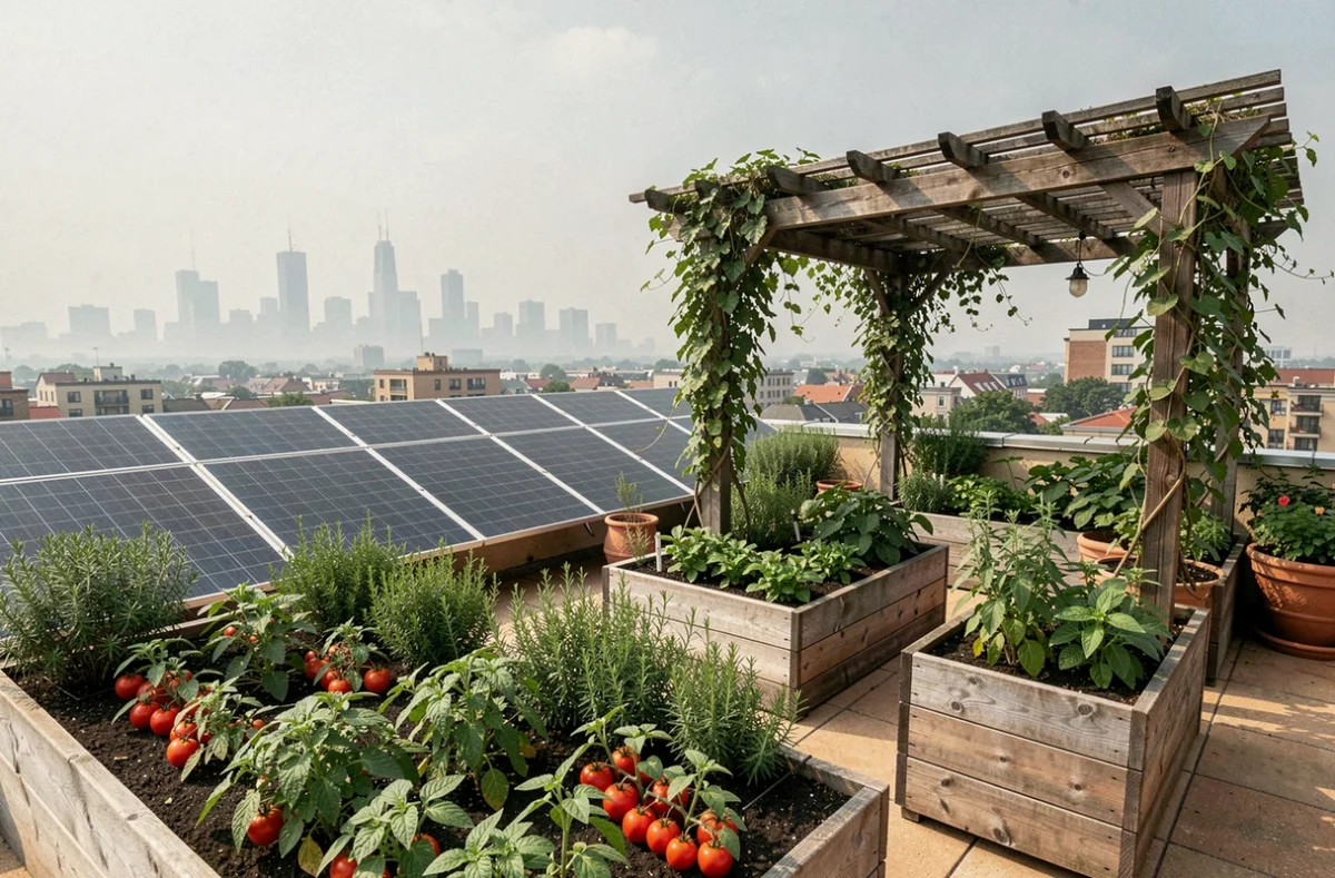 Jardin potager et panneaux solaires sur le toit d'un hôtel éco-certifié en milieu urbain