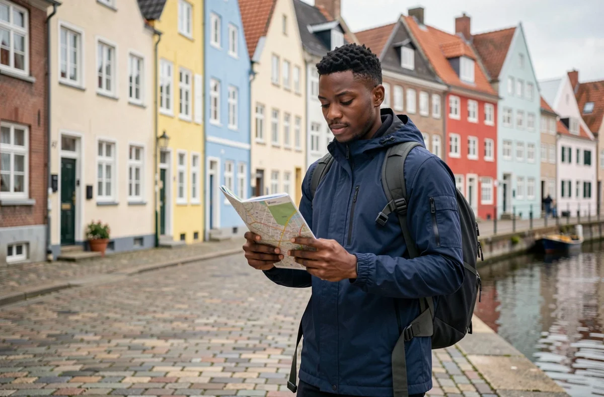 Jeune homme immigrant explorant une ville européenne avec son smartphone dans une rue pavée colorée
