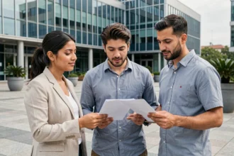 Groupe de personnes immigrantes consultant des documents devant un bâtiment gouvernemental moderne dans un pays d'accueil