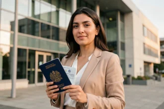Femme immigrante tenant un passeport européen devant un bâtiment administratif officiel en Europe