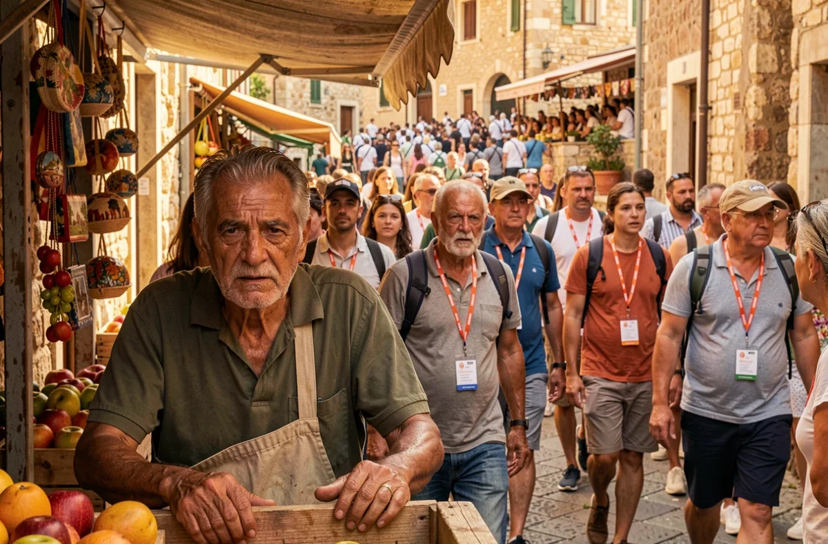 Vendeur local dépassé par l'afflux massif de touristes de croisière dans un marché traditionnel