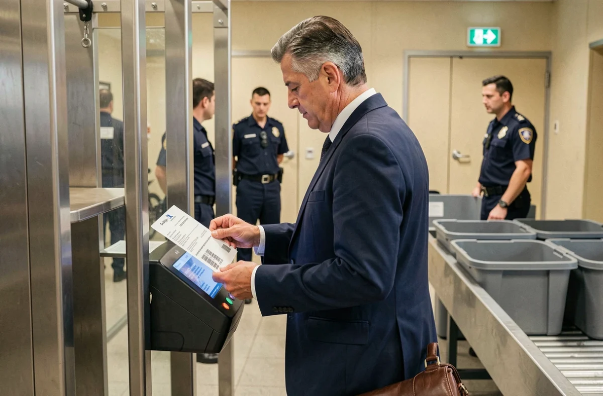 Homme scannant une carte d'embarquement papier imprimée à un portique de sécurité d'aéroport