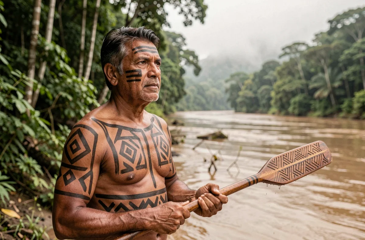 Homme autochtone brésilien en tenue traditionnelle Tupi au bord d'un fleuve amazonien évoquant les origines précoloniales du Brésil