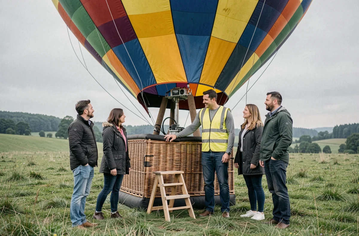 Instructeur de montgolfière expliquant comment monter dans le panier à des touristes dans une prairie