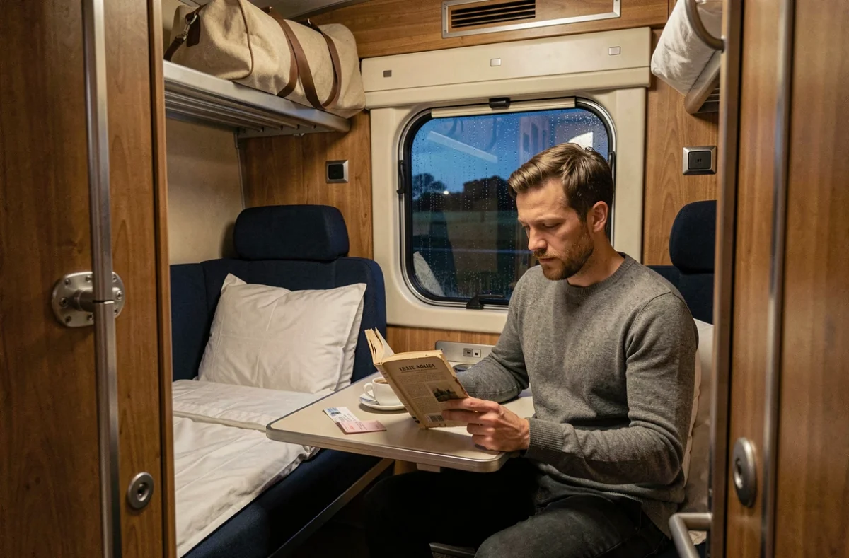 Intérieur d'un compartiment couchette de train de nuit avec passager lisant un livre entre Paris et Venise
