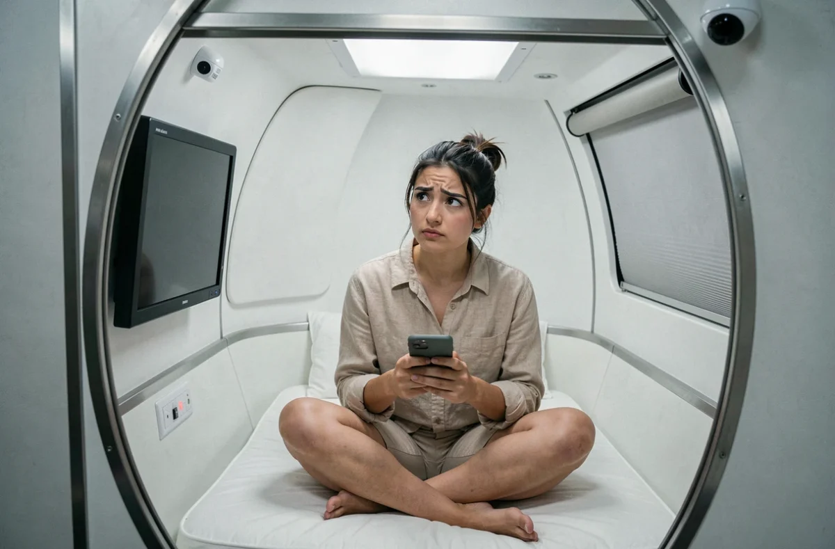 Intérieur d'un pod d'hôtel capsule avec une caméra discrète intégrée et une voyageuse vérifiant son espace de nuit