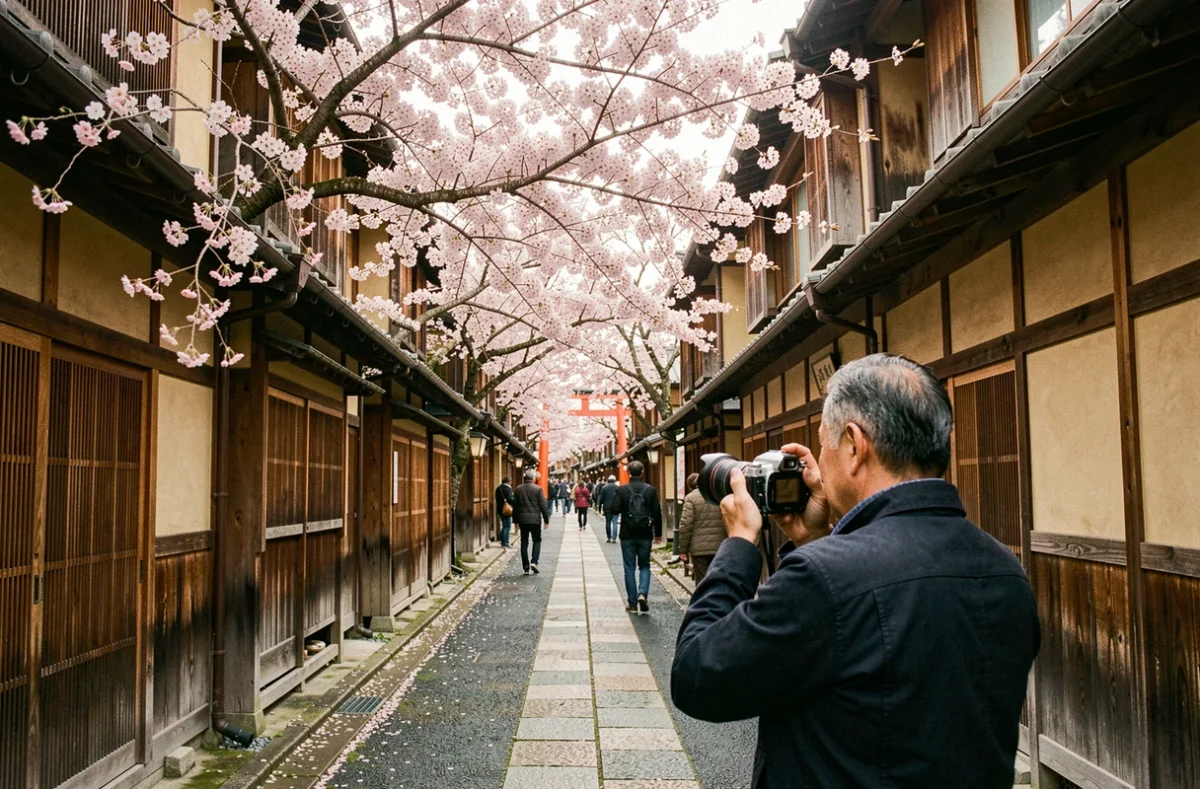 Ruelle traditionnelle de Kyoto en fleurs de cerisier avec un photographe capturant la beauté de la ville japonaise au printemps