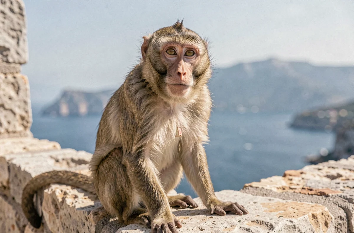 Macaque de Barbarie assis sur un mur de pierre au sommet du Rocher de Gibraltar avec le détroit en arrière-plan
