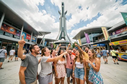 Groupe de visiteurs enthousiastes admirant la meilleure attraction de parc d'attractions en 2026
