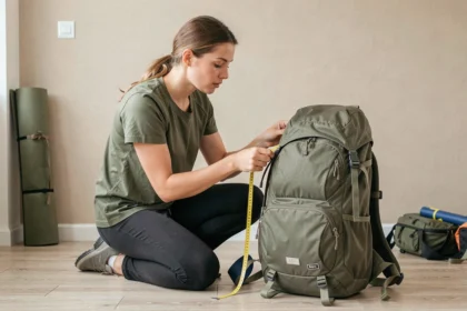 Femme mesurant la capacité de son sac à dos de randonnée avec un mètre ruban à l'intérieur d'un appartement