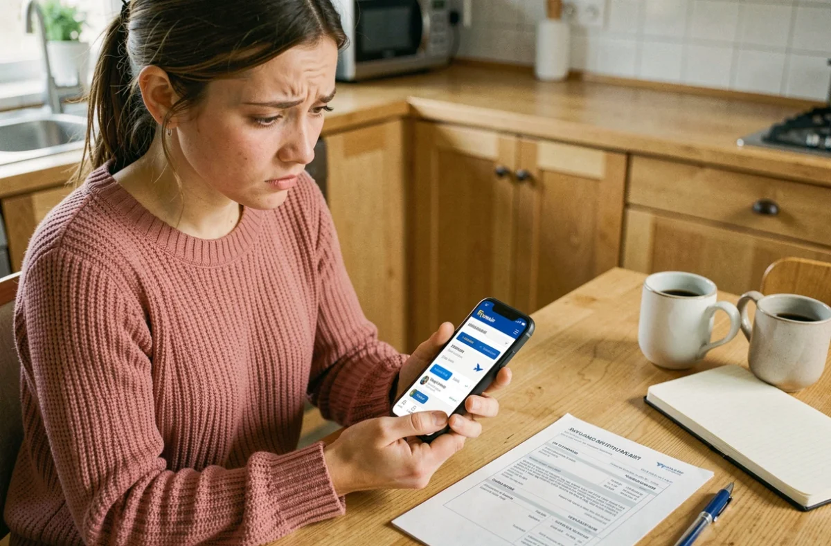 Jeune femme à la maison vérifiant les conditions de modification de nom sur l'application Ryanair depuis son smartphone