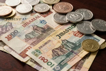 Billets et pièces de monnaie de Gibraltar, la livre gibraltarienne, sur une surface en bois sombre