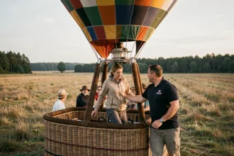 Femme montant dans le panier d'une montgolfière avec l'aide d'un membre de l'équipage dans un champ rural
