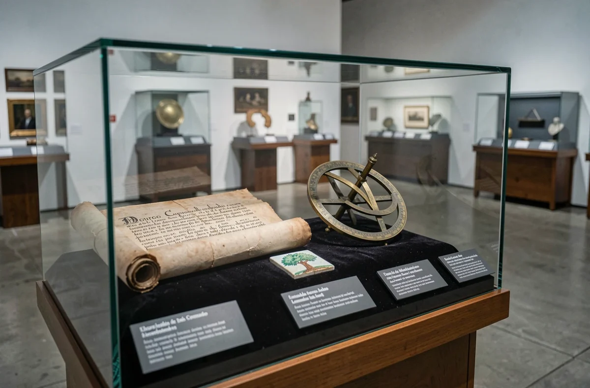 Vitrine de musée présentant un décret royal portugais un astrolabe et une tuile peinte illustrant l'histoire du nom du Brésil