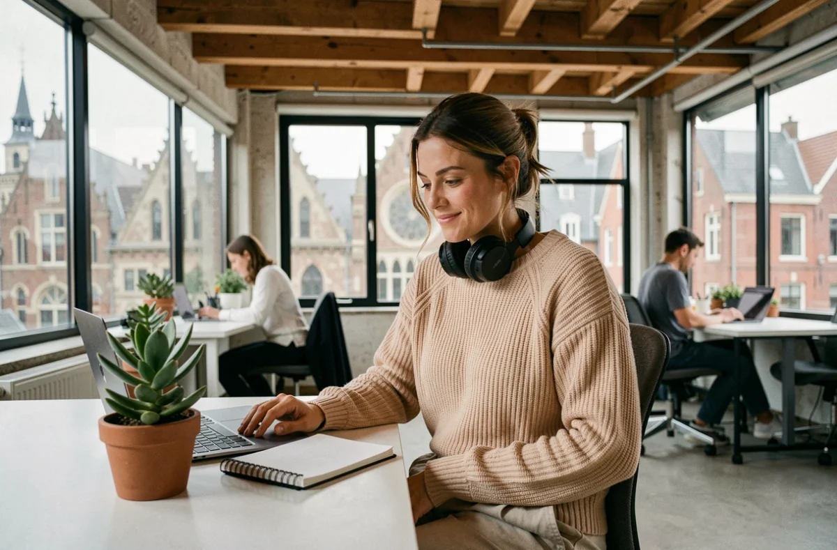 Femme travaillant en espace de coworking à Gand avec vue sur l'architecture flamande typique