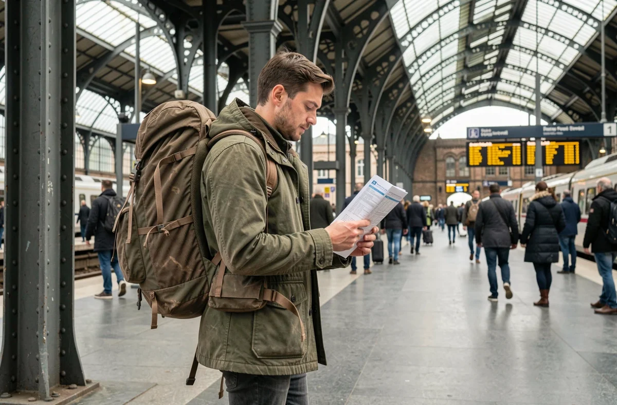Homme nomade digital en gare de Bruxelles avec un grand sac à dos consultant un horaire de train