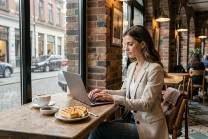 Femme nomade numérique travaillant sur son ordinateur portable dans un café bruxellois avec son sac à dos