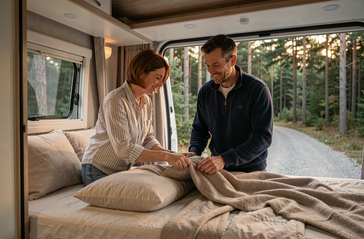 Couple préparant le lit dans un van aménagé stationné dans un camping en forêt