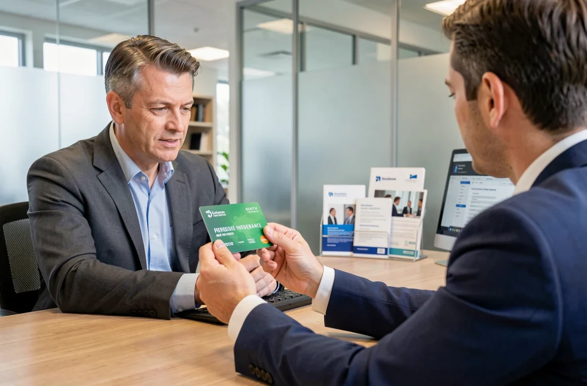 Homme recevant sa carte internationale d'assurance dans une agence d'assurance professionnelle