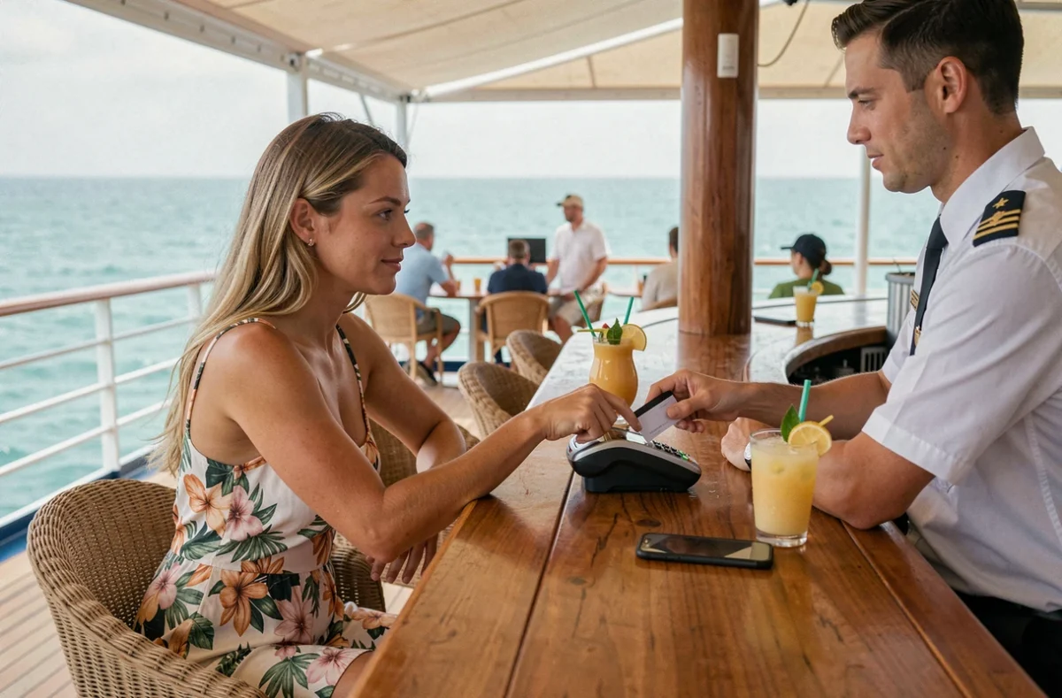 Femme payant une boisson au bar extérieur d'un bateau de croisière