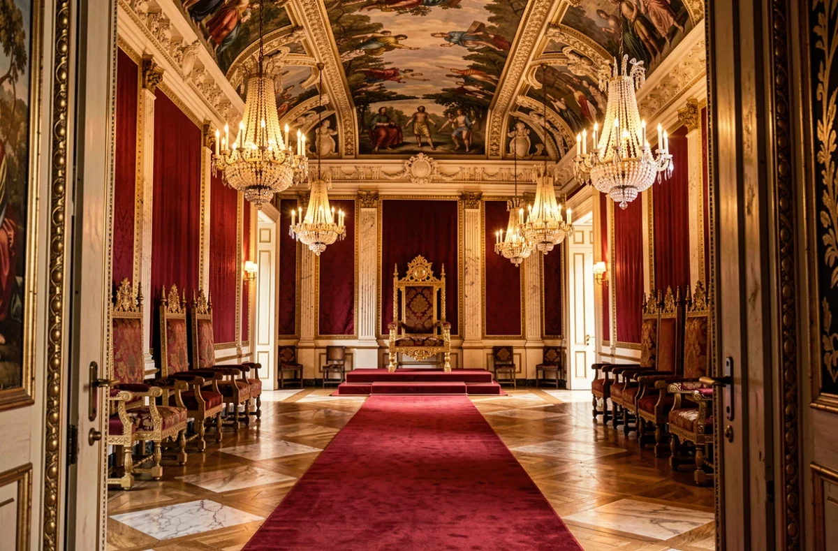 Salle du trône d'un palais luxueux avec plafond à fresques, lustres en cristal et trône doré sur estrade en velours