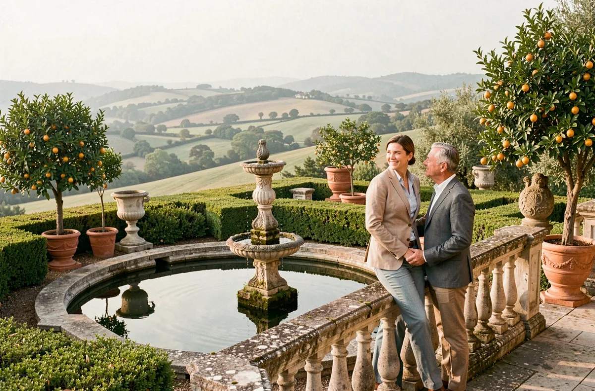 Couple admirant les jardins majestueux d'un palais de luxe avec fontaines classiques, bassins réfléchissants et vue panoramique